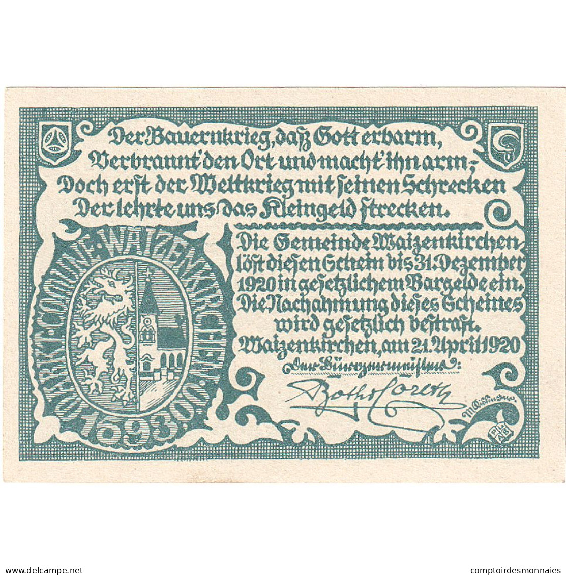 Autriche, Waizenkirchen, 20 Heller, Village 1920-12-31, SPL, Mehl:FS 1128a - Oesterreich