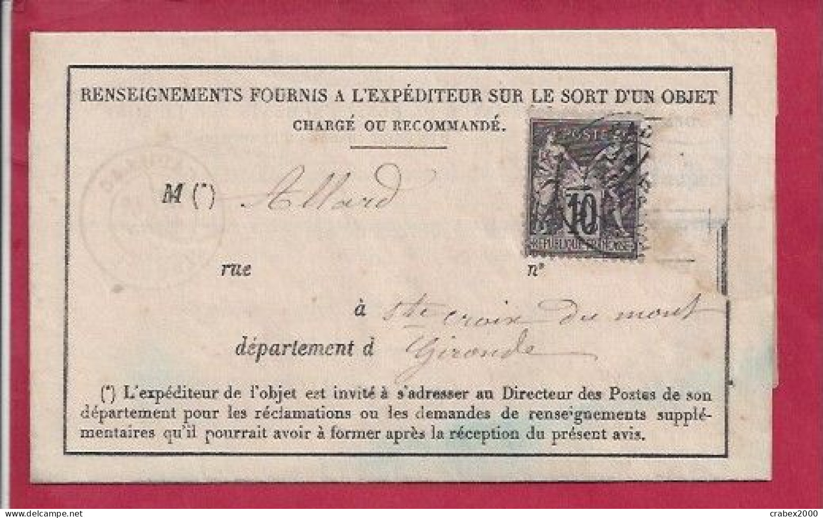 Y&T N°89 CADILLAC   Vers   STE CROIX DU MONT  1877 - Storia Postale