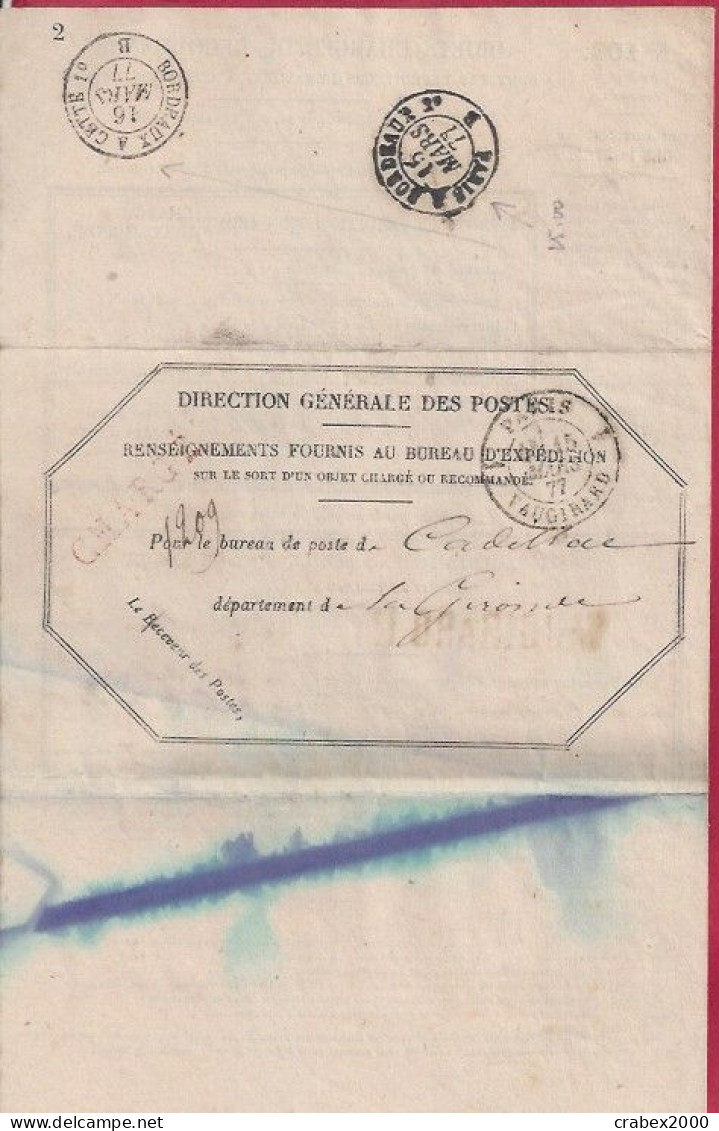 Y&T N°89 CADILLAC   Vers   STE CROIX DU MONT  1877 - Covers & Documents