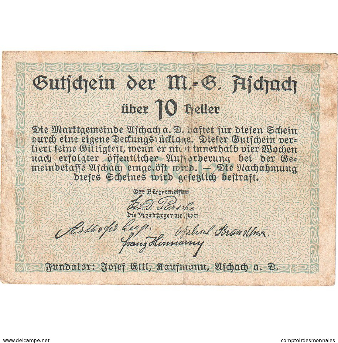 Autriche, Aschach, 10 Heller, Blason, 1920, TB, Mehl:FS 53IIb01 - Oesterreich