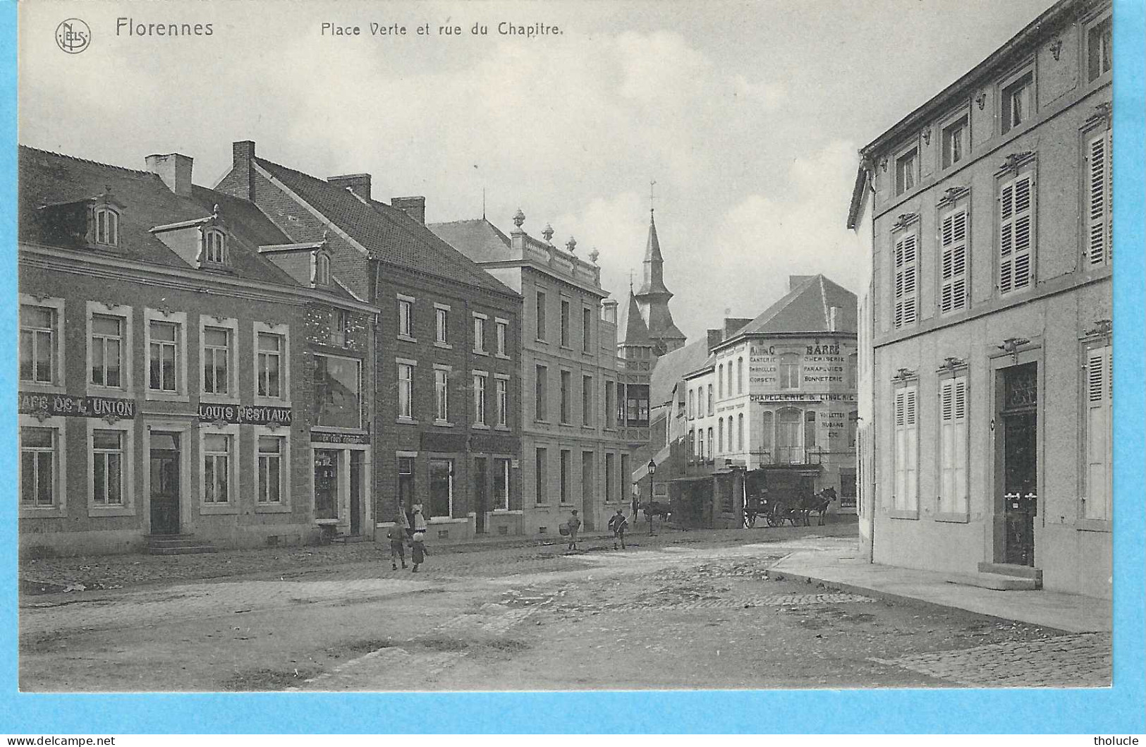 Florennes-+/-1910-Place Verte-Attelage-Cheval-Café De L'Union, Louis Pestiaux-Maison Barré-Chapellerie-Rare - Florennes