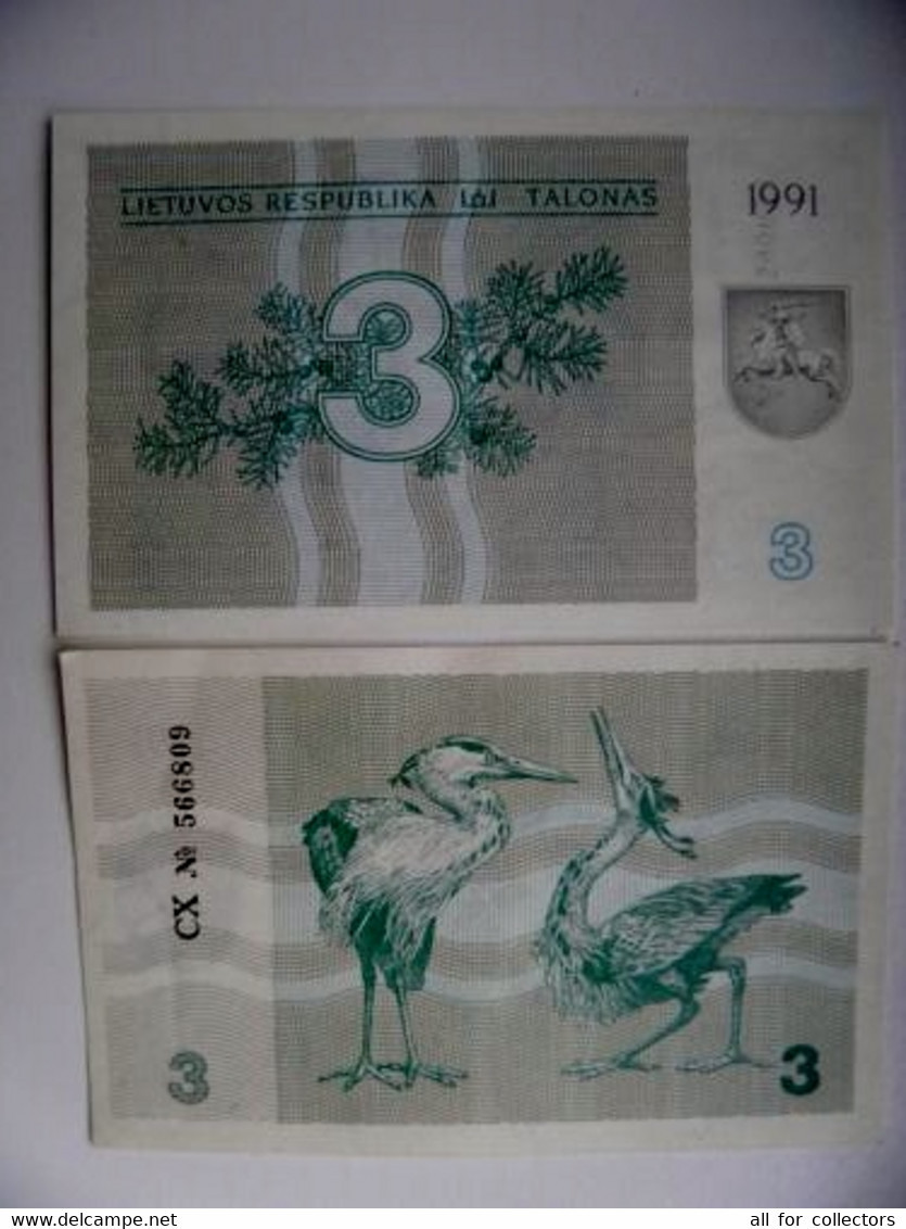 Sale! UNC Banknote Lithuania P-33a 1991 3 Talonas Animals Birds Oiseaux Herons Prefix Nr. AN 580607 - Lituanie