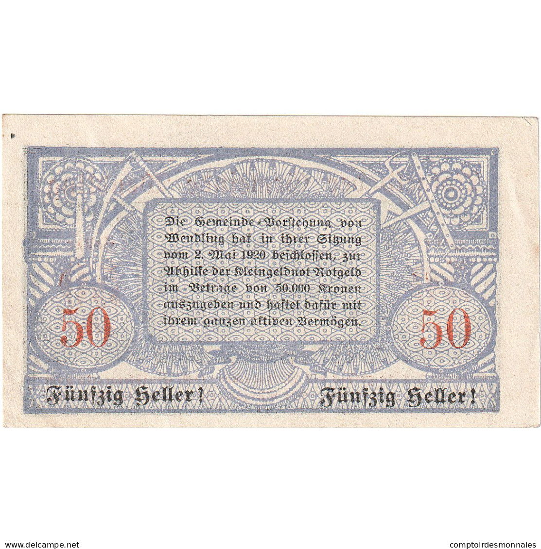 Autriche, Wendling, 50 Heller, Village, 1920, 1920-12-15, SPL, Mehl:FS 1170a - Oesterreich