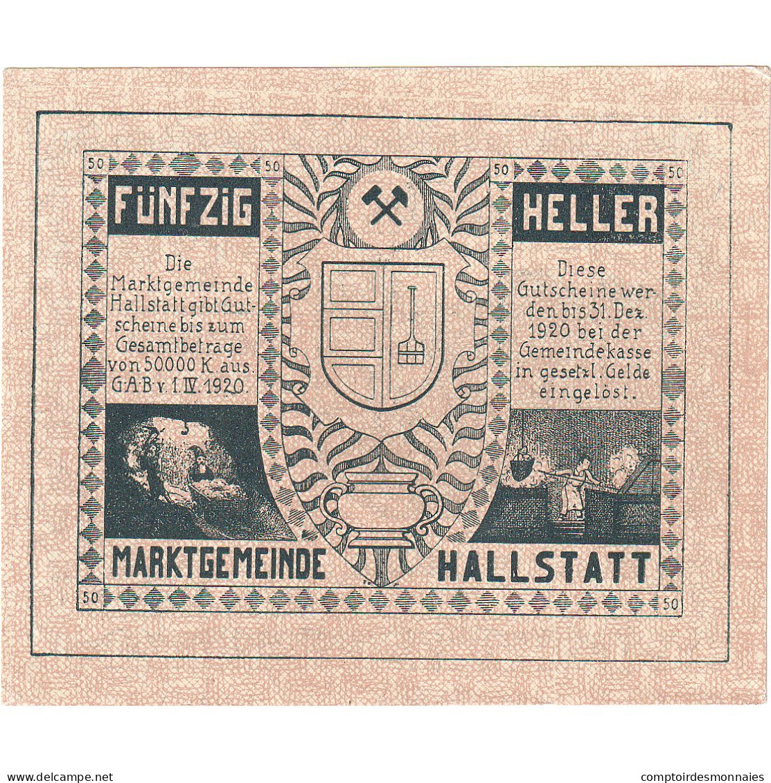 Autriche, Hallstatt, 50 Heller, Blason, 1920, 1920-12-31, SPL, Mehl:FS 345 - Oesterreich