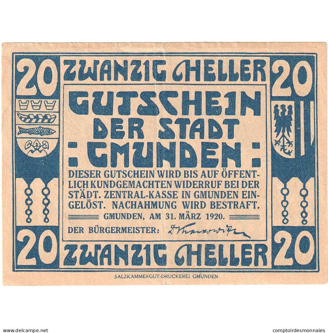 Autriche, Gmunden, 20 Heller, Blason, 1920, 1920-03-31, SUP, Mehl:FS 240IIa - Oesterreich