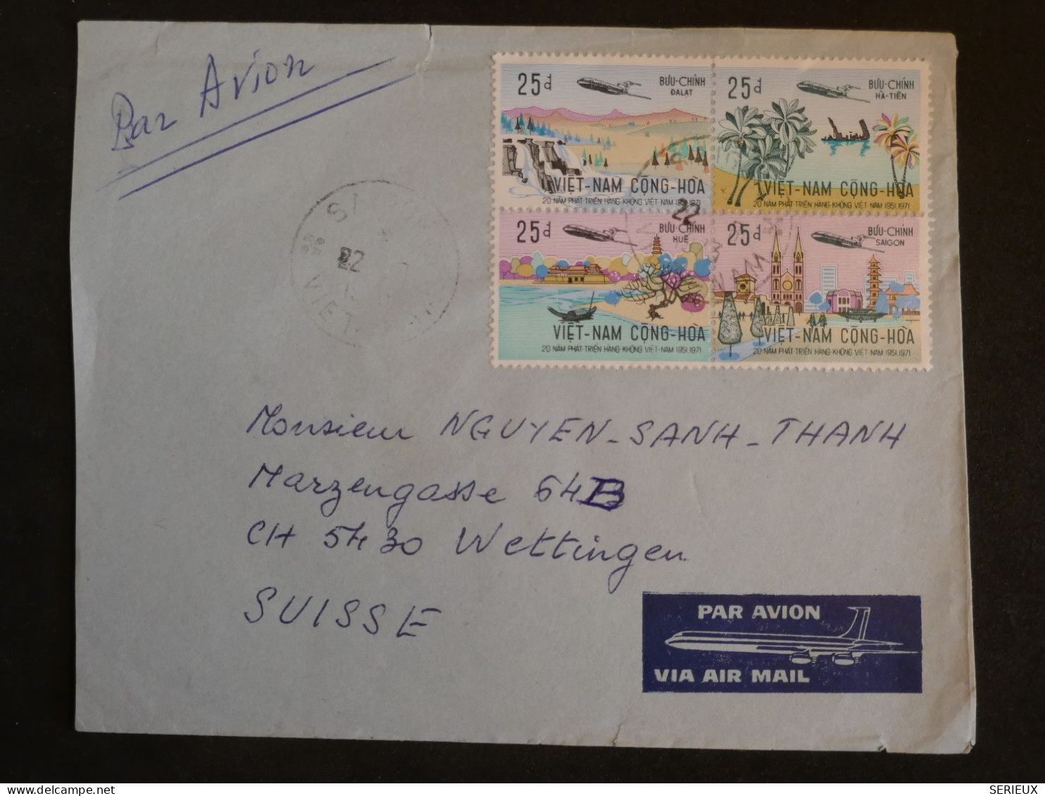 AJ0  VIETNAM  CONG HOA BELLE LETTRE  ASSEZ RARE 1972 SAIGON A WETTINGEN SUISSE +BLOC DE 4X 25D +AFF. PLAISANT+++ - Viêt-Nam