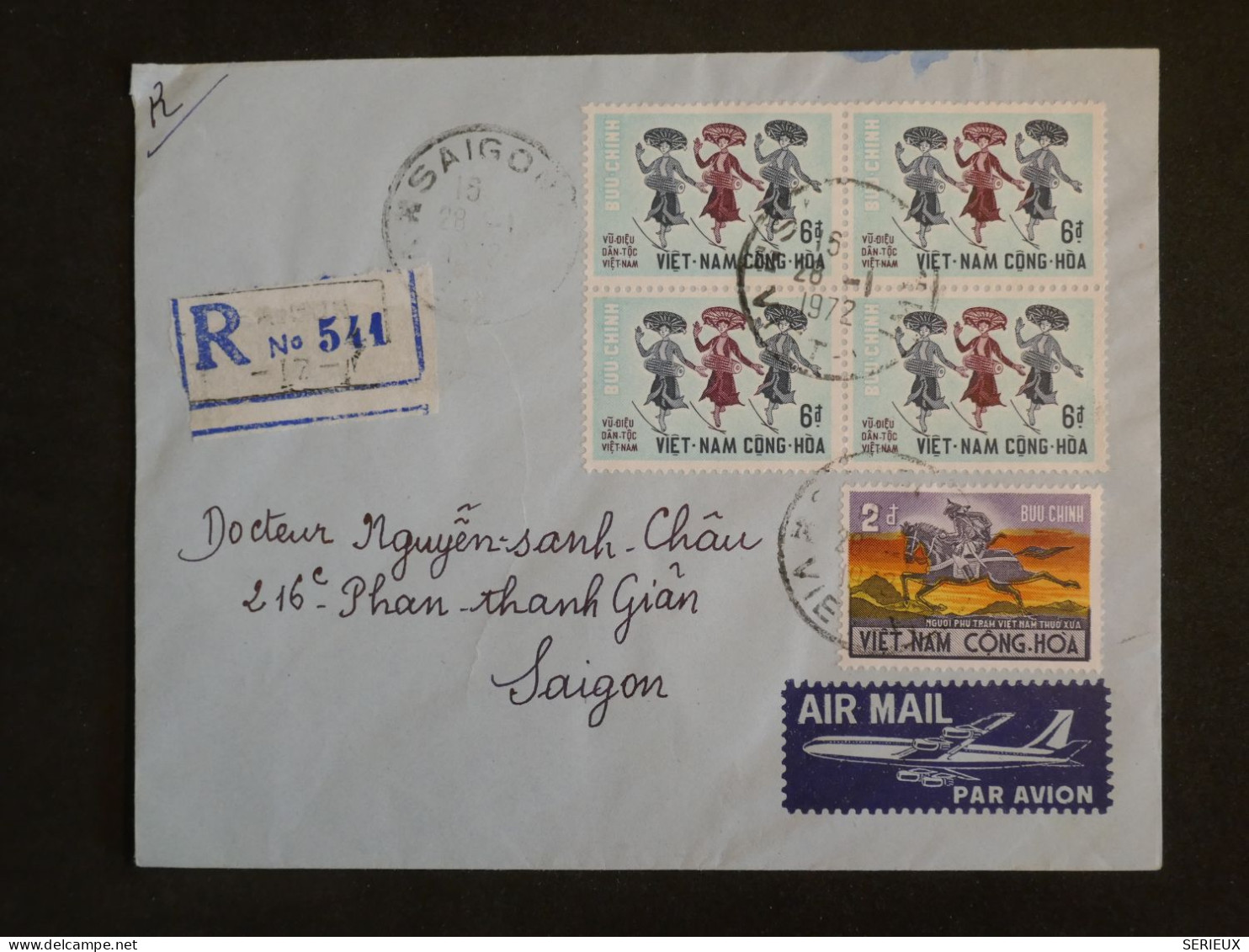 AJ0  VIETNAM  CONG HOA BELLE LETTRE RECO 1972 SAIGON  +BLOC DE 4X 6D +AFF. PLAISANT+++ - Vietnam