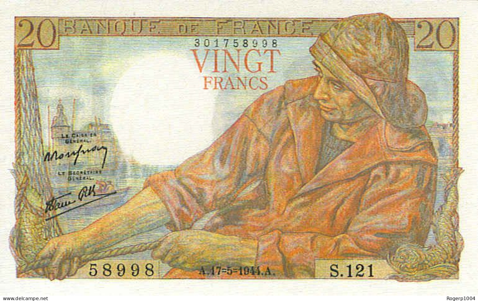 FRANCE * 20 Francs * Pêcheur * Date 17/05/1944 * État/Grade NEUF/UNC * Fay. 13.09 * - 20 F 1942-1950 ''Pêcheur''