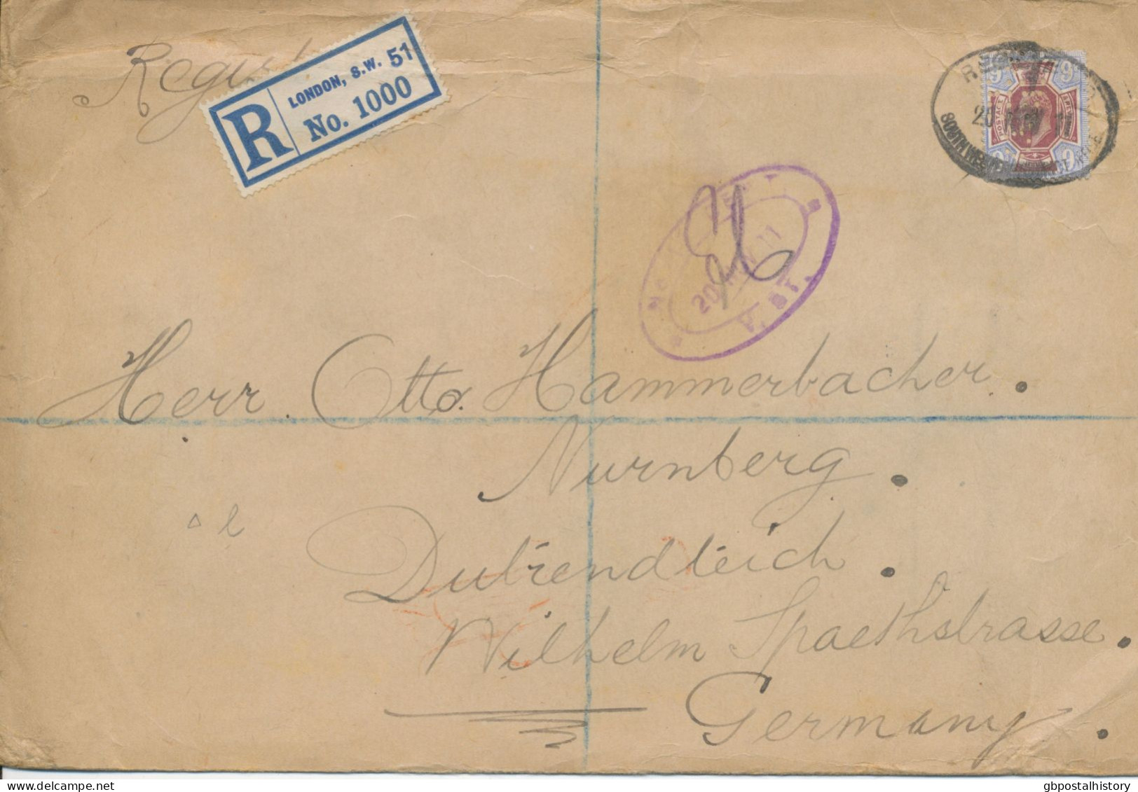 GB 20.11.1911, EVII 9d Somerset House (PERFIN) Rare Single Postage On Large Registered Cover With R-Label „London, S.W. - Covers & Documents