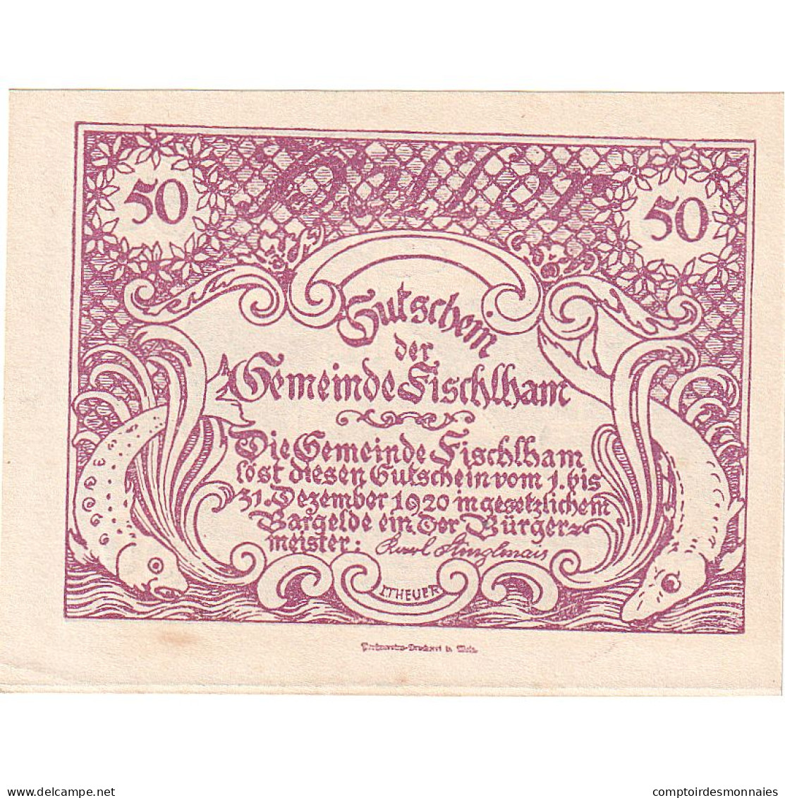 Autriche, Fischlham, 50 Heller, Eglise, 1920, 1920-12-31, SPL, Mehl:FS 203I - Oesterreich