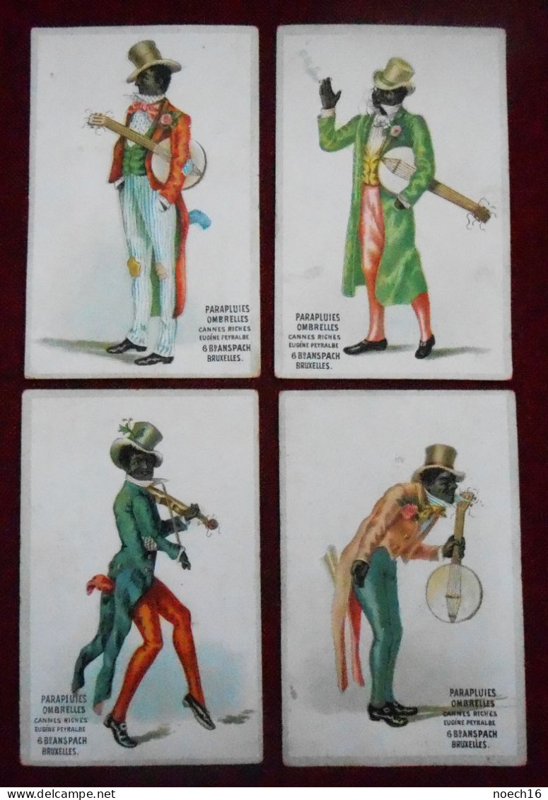 4 Chromos Publicité Parapluies, Ombrelles, Eugène Peyralbe, Bd Anspach, Bruxelles - Other & Unclassified