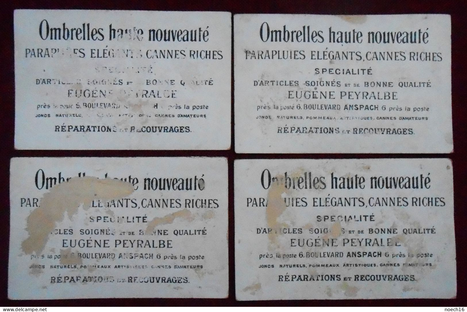 4 Chromos Publicité Parapluies, Ombrelles, Eugène Peyralbe, Bd Anspach, Bruxelles - Autres & Non Classés