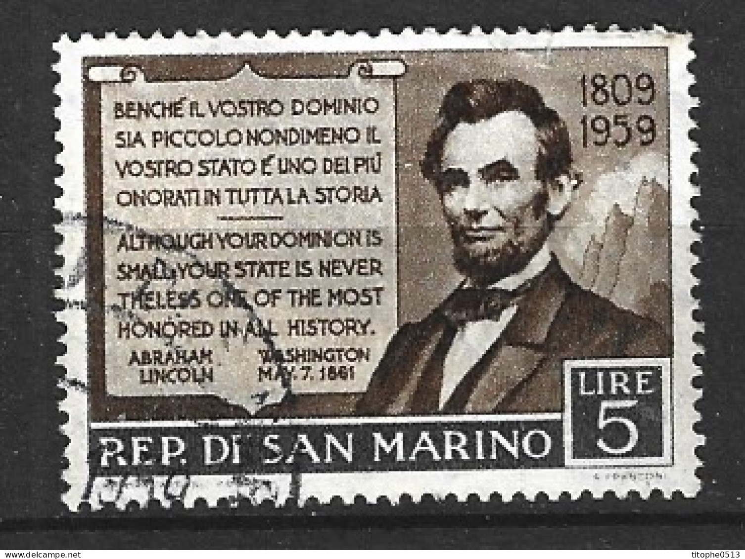 SAINT-MARIN. N°466 Oblitéré De 1959. Lincoln. - Used Stamps