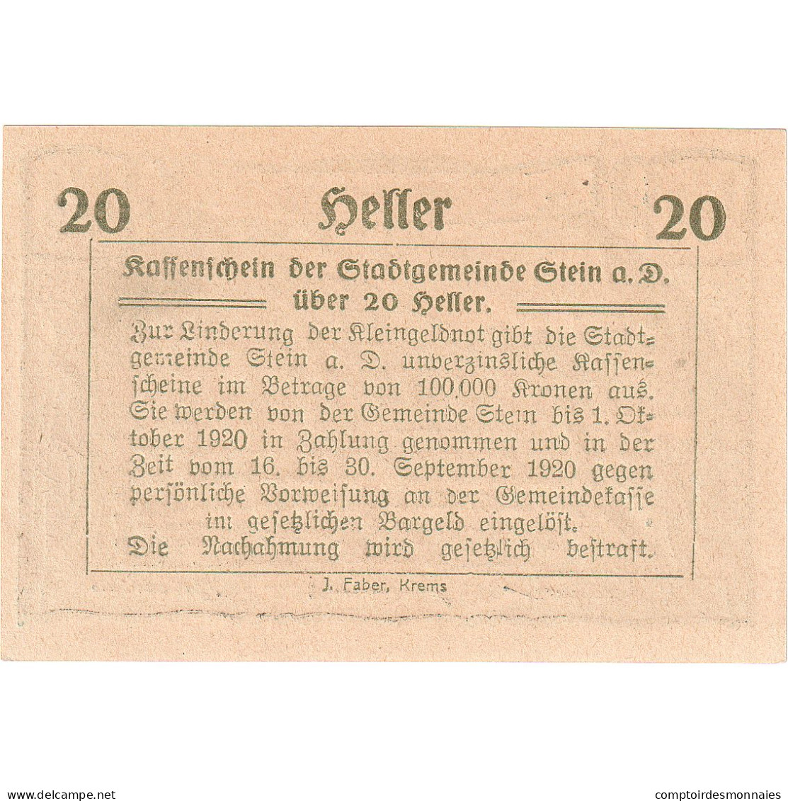 Autriche, Stein An Der Donau, 20 Heller, Paysage 1920-09-30, SPL Mehl:FS 1015I.3 - Oesterreich