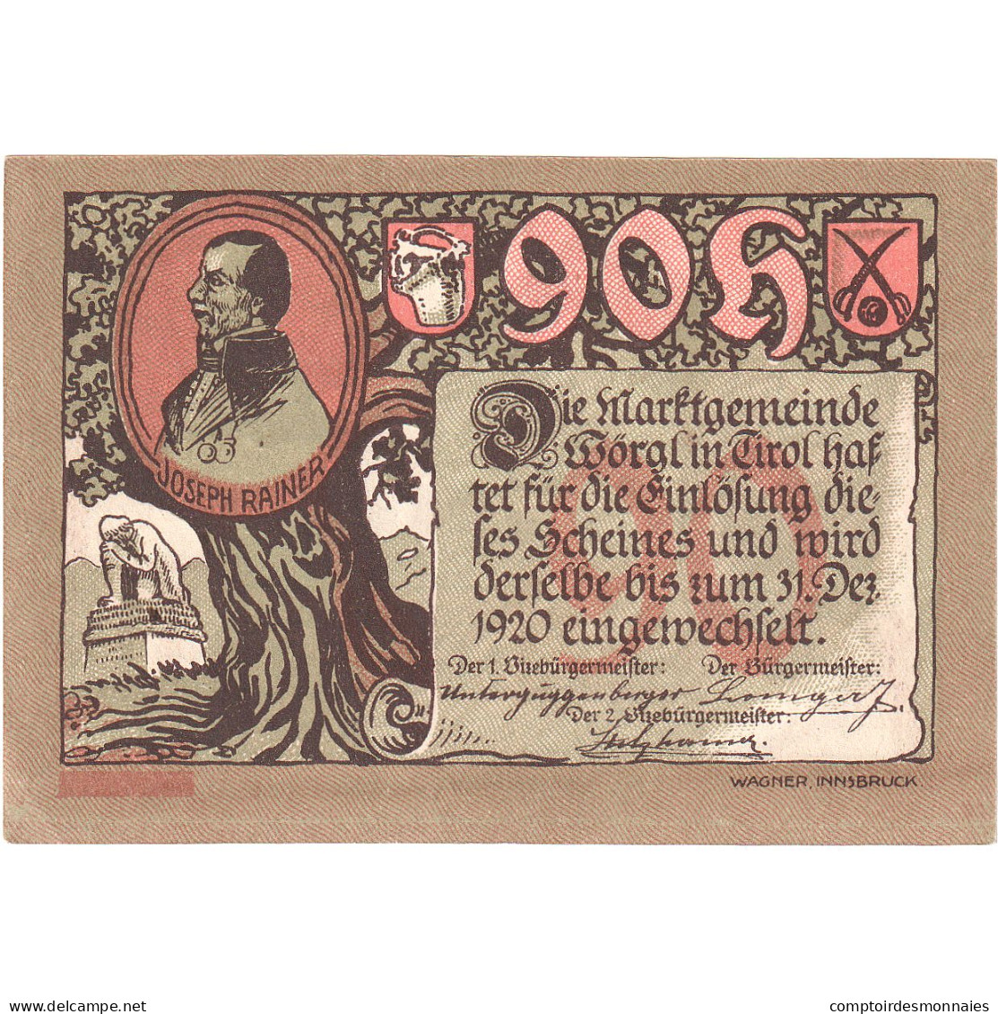 Autriche, Worgl, 90 Heller, Portrait, 1920, 1920-12-31, SPL, Mehl:FS 1252a - Oesterreich
