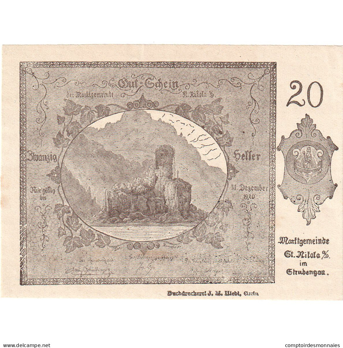 Autriche, St Nikola, 20 Heller, Ruine, 1920, 1920-12-31, SPL, Mehl:FS 914Ia - Oesterreich