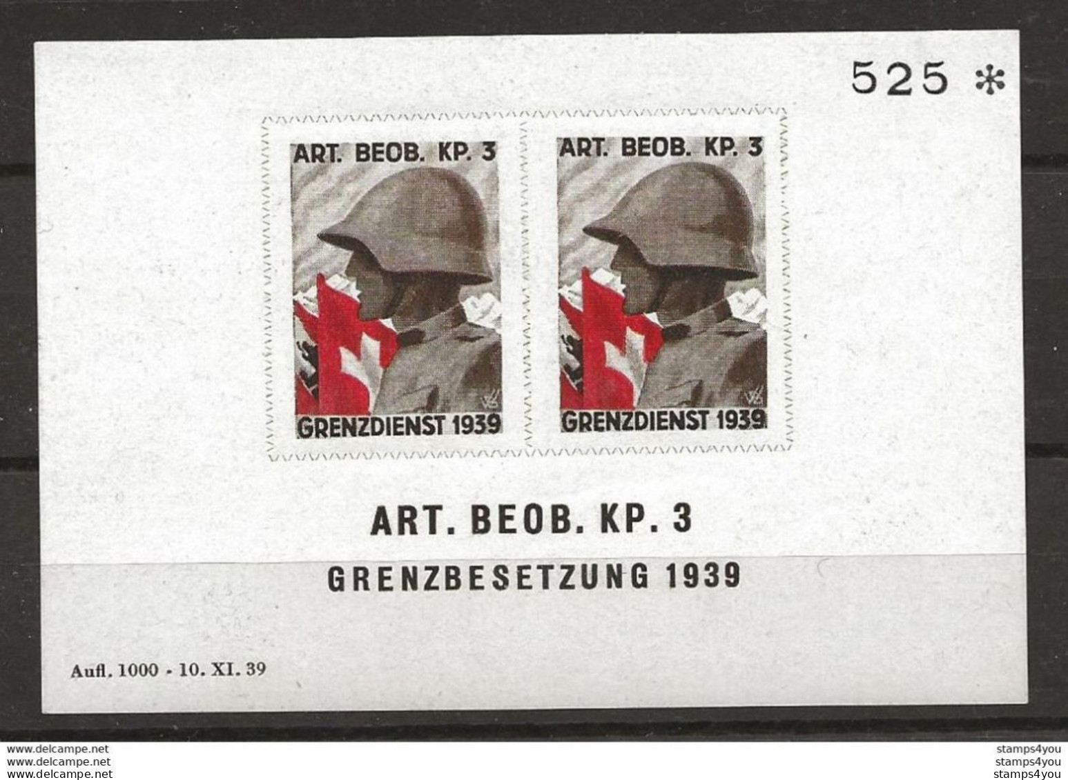 407 - 7 - Bloc Non-dentelé Neuf "Art. Beob. Kp 3 Grenzbesetung 1939" - Etichette