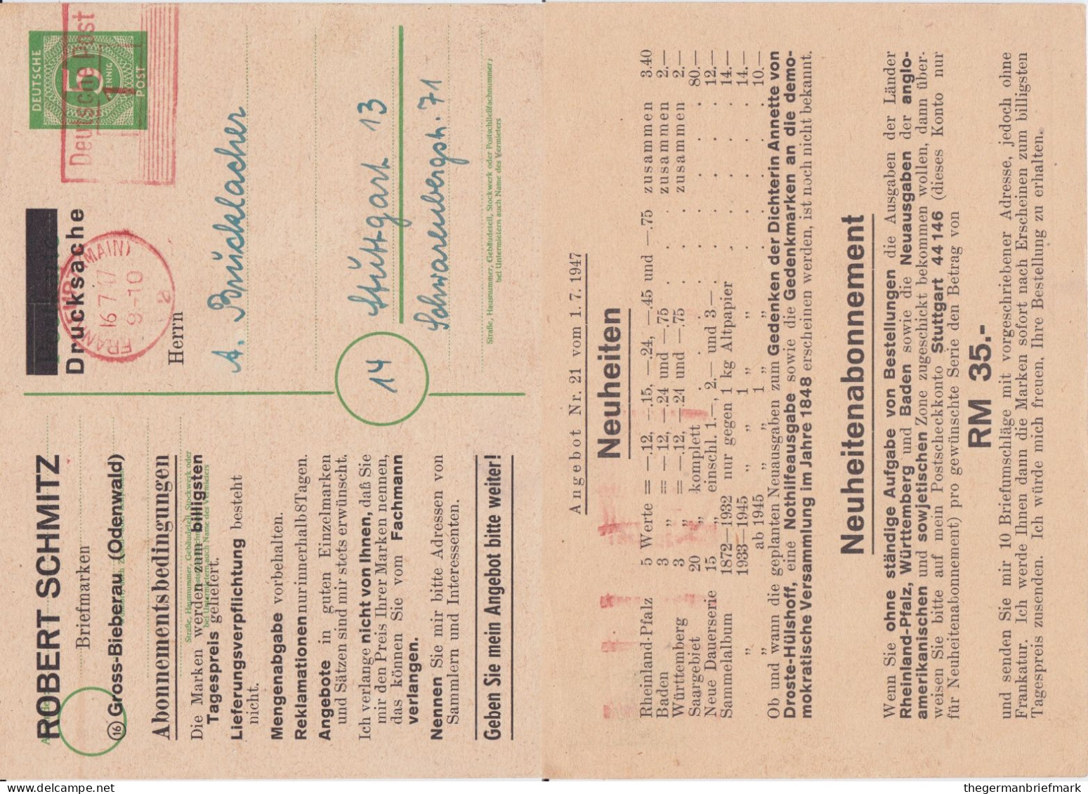 All Bes Ziffer Ganzsache P 950 ZF Priv Zudruck Groß Bieberau 1947 (2) - Postwaardestukken