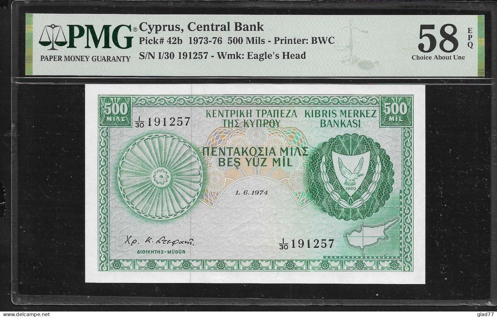 Cyprus  500 MIL 1.6.1974 PMG 58epq CHOICE AUNC!  Very Rare! - Cyprus