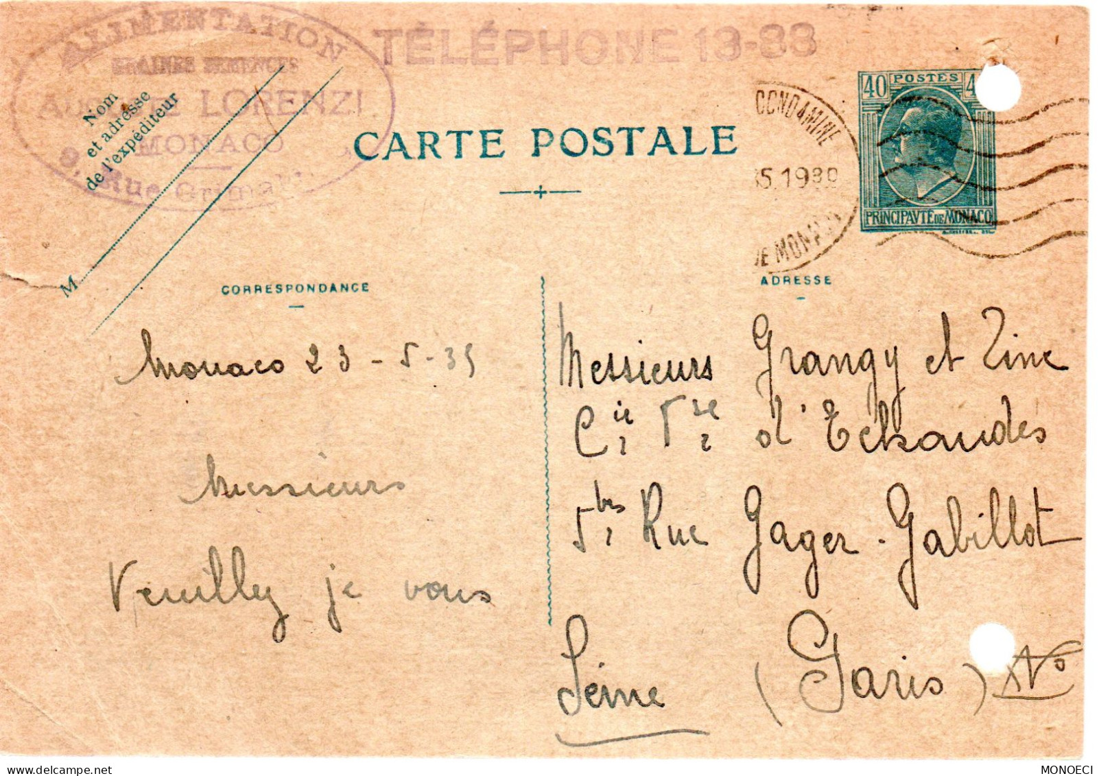 MONACO --  Entier Postal -- Prince Louis II 40 C. Bleu Sur Verdâtre - Postal Stationery