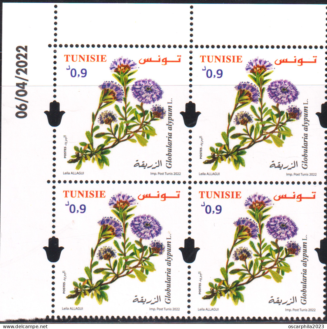 2022- Tunisie- Plantes De Tunisie:  Globularia Alypum . L Bloc De 4 Coin Daté - 4 V ---  MNH****** - Geneeskrachtige Planten