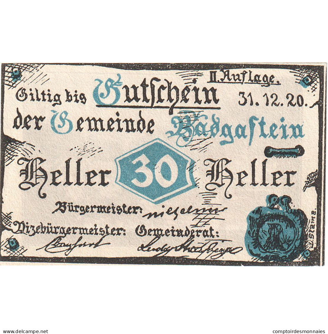 Autriche, Bad Gastein, 30 Heller, Ville, 1920, 1920-12-31, SPL, Mehl:FS 75IIa - Oesterreich