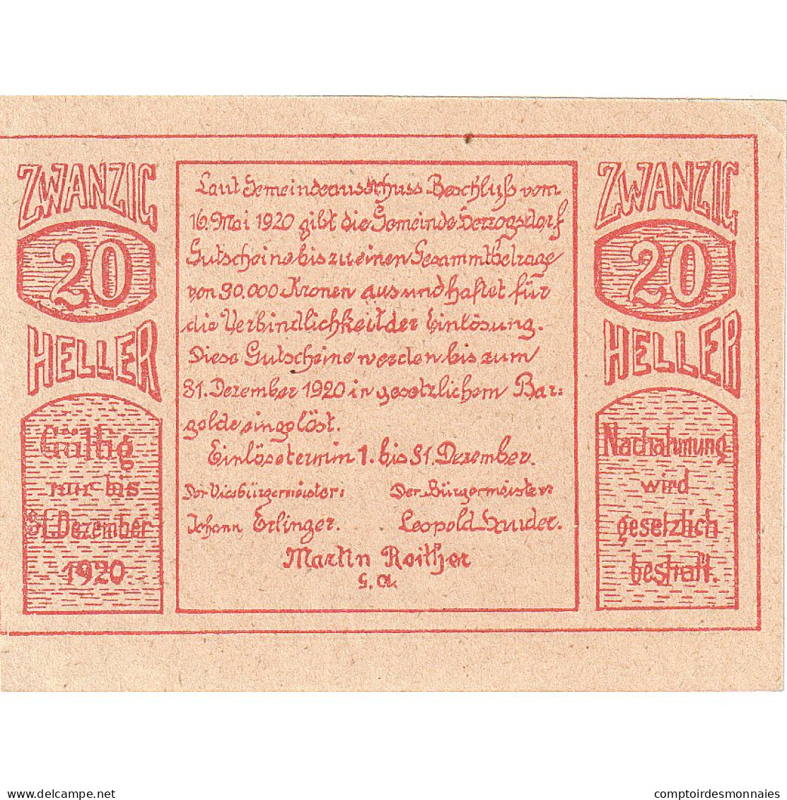 Autriche, Herzogsdorf, 20 Heller, Village, 1920, 1920-12-31, SPL, Mehl:FS 373I - Oesterreich