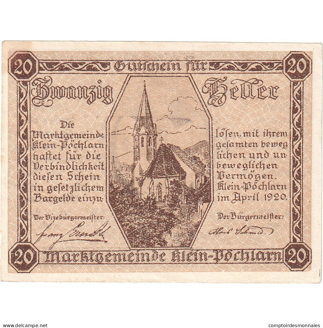 Autriche, Klein-Pochlarn, 20 Heller, Eglise, 1920, 1920-12-31, SPL, Mehl:FS 457a - Oesterreich