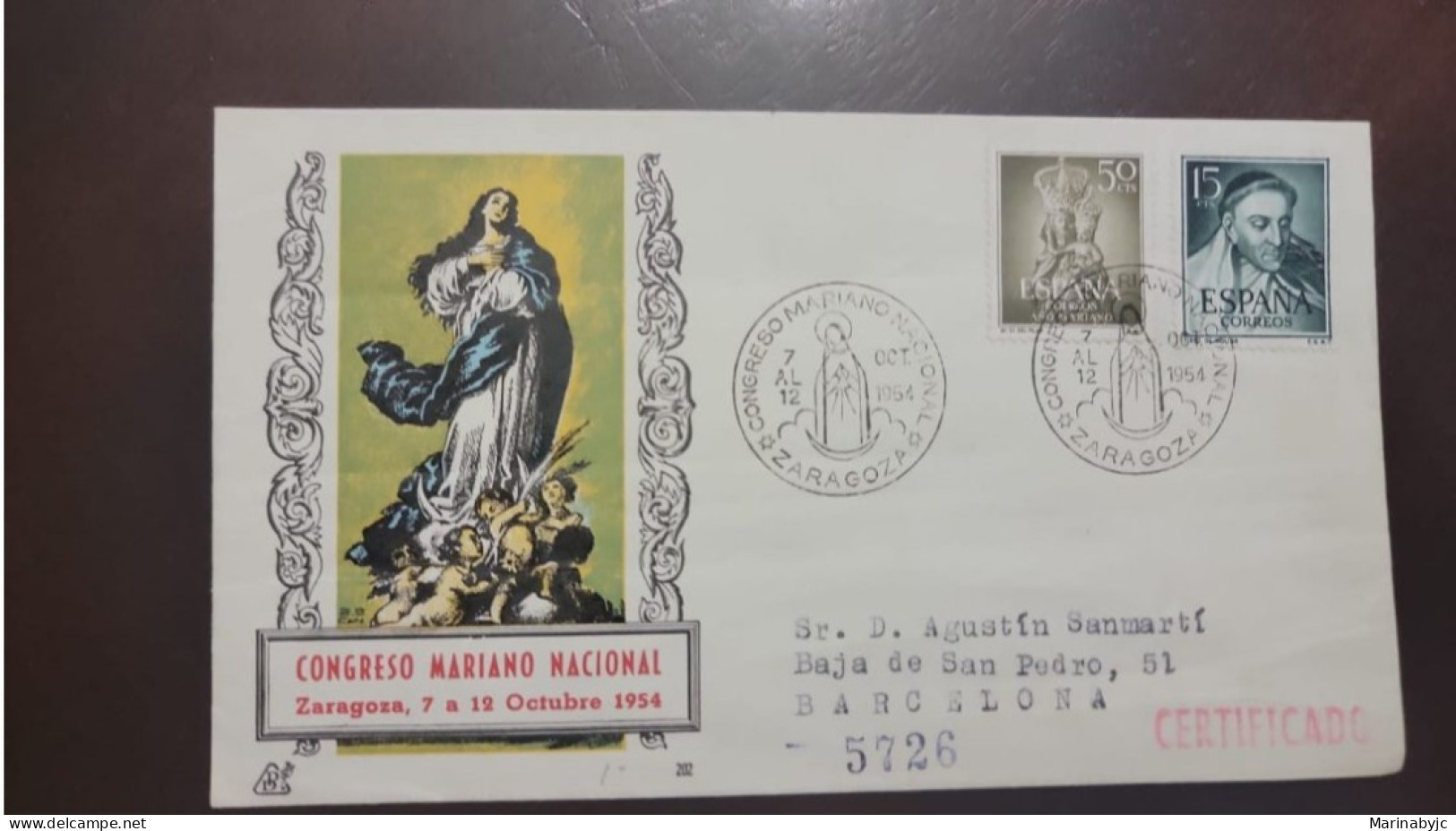 P) 1954 SPAIN, MARIAN YEAR, NATIONAL MARIAN CONGRESS, CIRCULATED TO BARCELONA, FDC, XF - Other & Unclassified