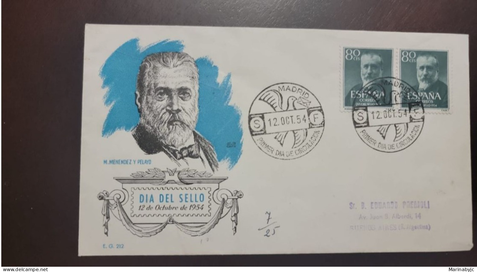 P) 1954 SPAIN, STAMP DAY, MENENDEZ Y PELAYO, CIRCULATED TO BUENOS AIRES, FDC, XF - Otros & Sin Clasificación