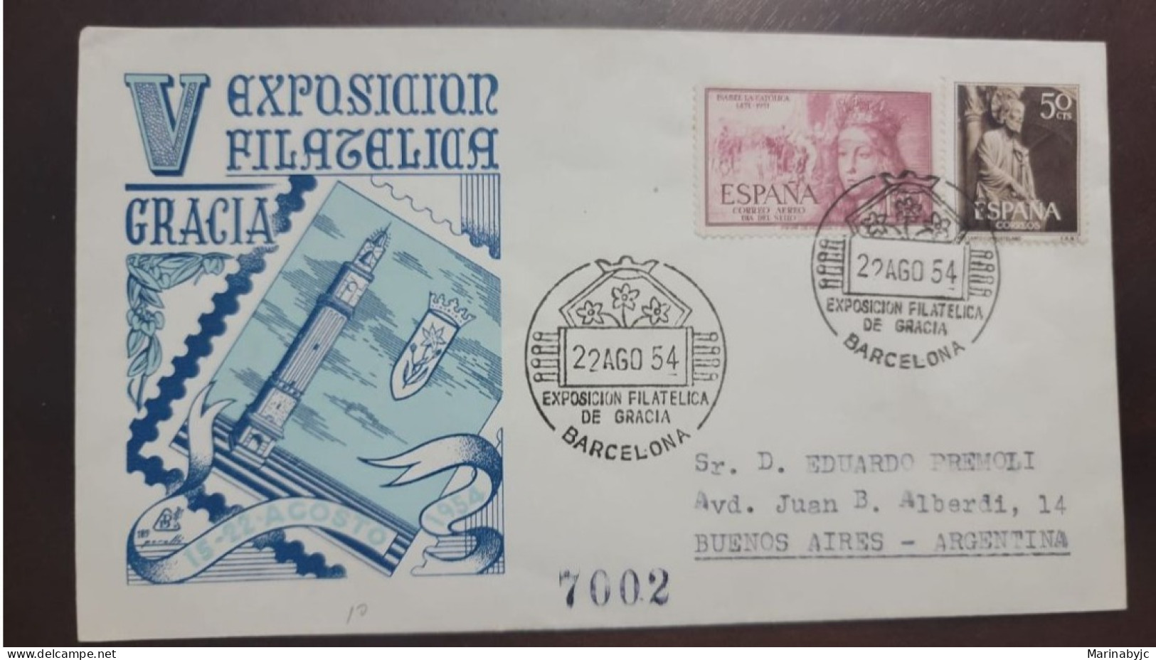 P) 1954 SPAIN, V PHILATELIC EXHIBITION GRACIA, HOLY YEAR, AIRMAIL, CIRCULATED TO BUENOS AIRES ARG, FDC, XF - Autres & Non Classés