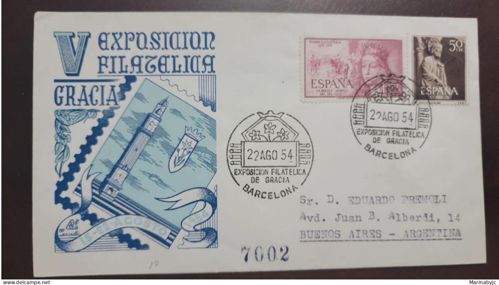 P) 1954 SPAIN, V PHILATELIC EXHIBITION GRACIA, HOLY YEAR, AIRMAIL, CIRCULATED TO BUENOS AIRES ARG, FDC, XF - Other & Unclassified