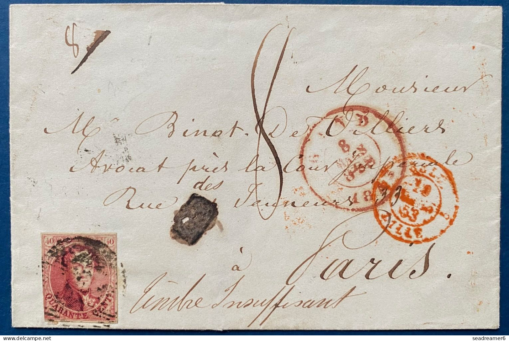 Lettre 1853 Médaillon N°5 40c Rouge Carminé + Dateur De GAND + Entrée " BELG / 5 LILLE 5 " + Timbre Insuffisant + Taxe - 1849-1850 Médaillons (3/5)