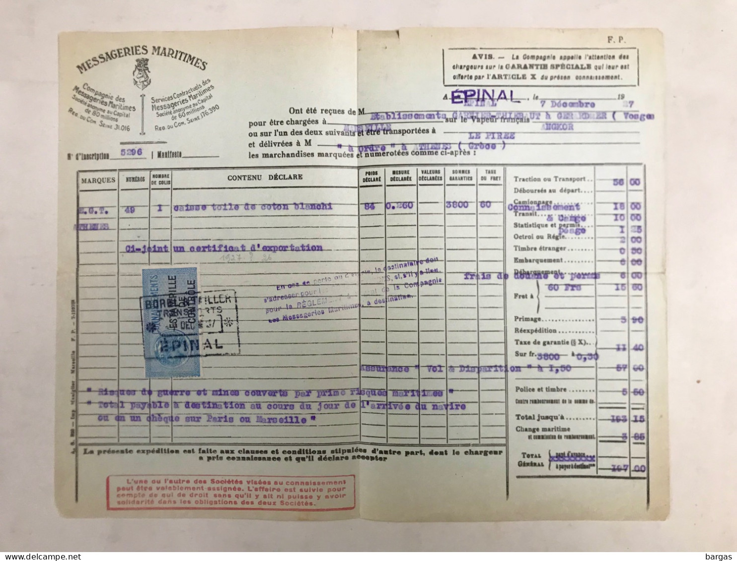 Compagnie Des Messageries Maritimes Connaissement Garnier Gerardmer Bateau Angkoer Pour Le Pirée Grèce Épinal - Autres & Non Classés