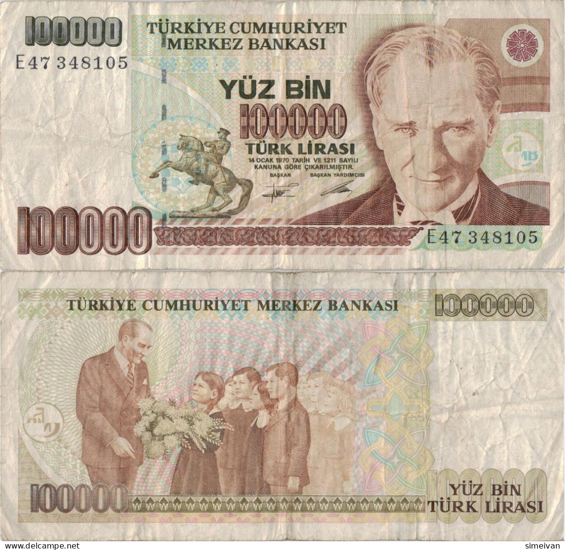 Turkey 100 000 Lira 1970 (1991) P-205b Banknote Europe Currency Turquie Truthahn Türkei #5191 - Turquie