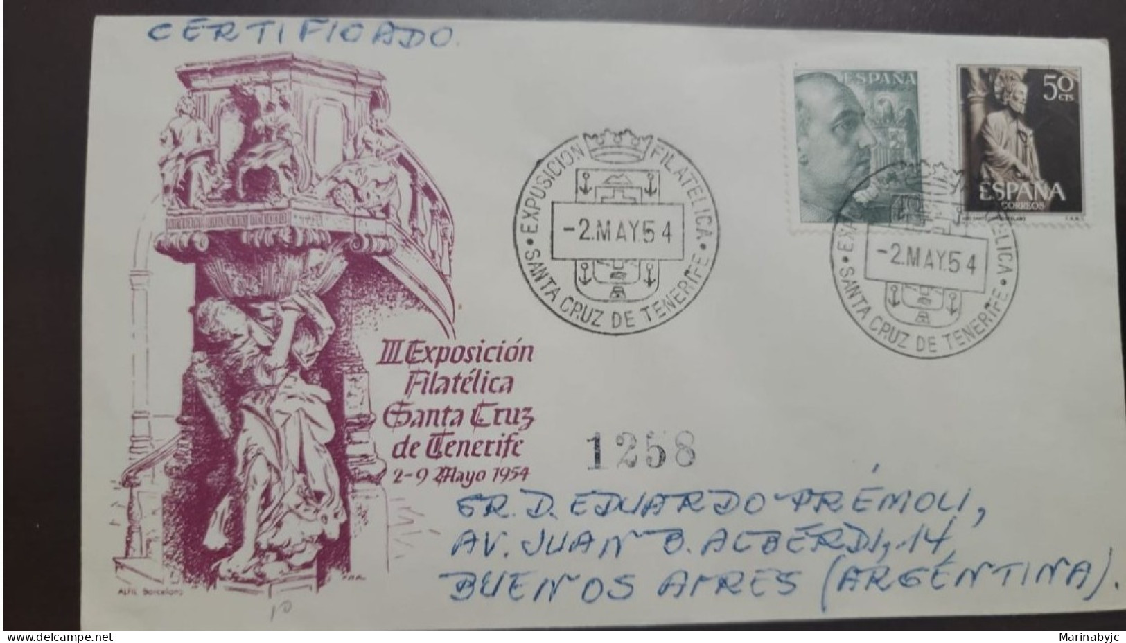 P) 1954 SPAIN, LII PHILATELIC EXHIBITION TENERIFE, GENERAL FRANCO, HOLY STAMP, CIRCULATED TO BUENOS AIRES ARG, FDC, XF - Otros & Sin Clasificación