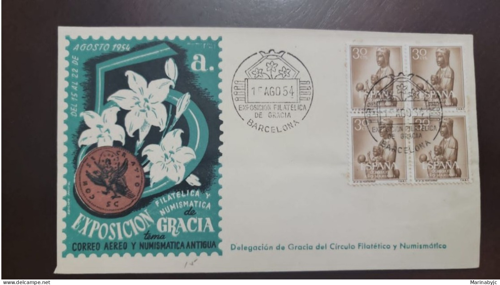 P) 1954 SPAIN, NUMISMATICS AND PHILATELIC EXHIBITION GRACIA, AIRMAIL, MARIAN DAY, FDC, XF - Autres & Non Classés