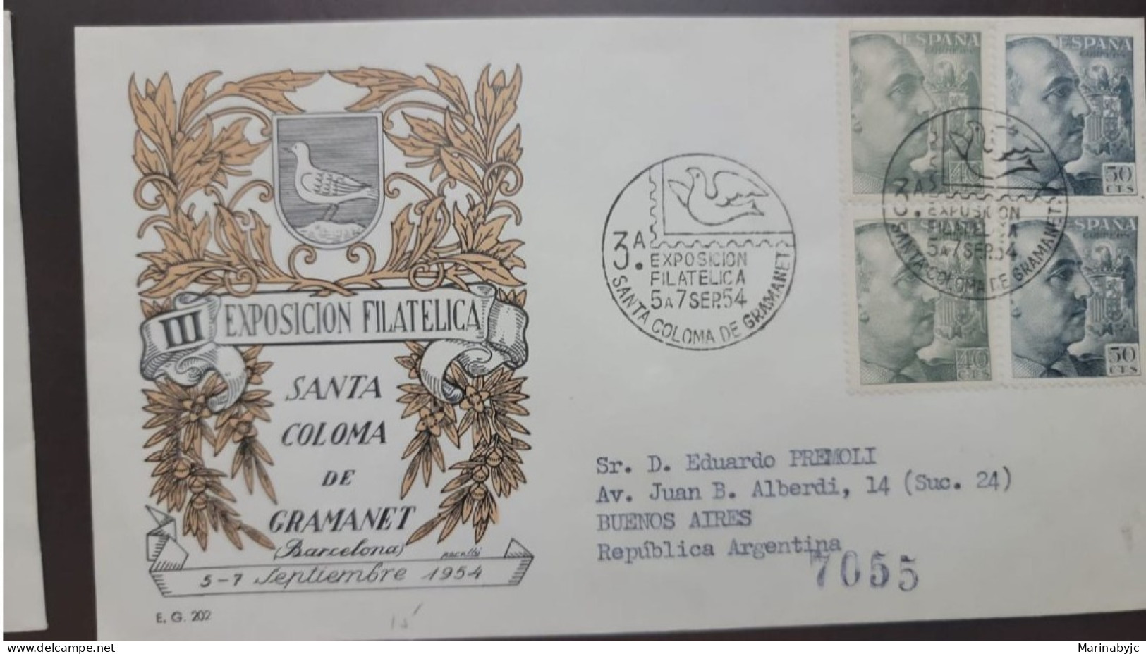 P) 1954 SPAIN, III PHILATELIC EXHIBITION GRAMANET, GENERAL FRANCO, CIRCULATED TO BUENOS AIRES ARG, FDC, XF - Autres & Non Classés