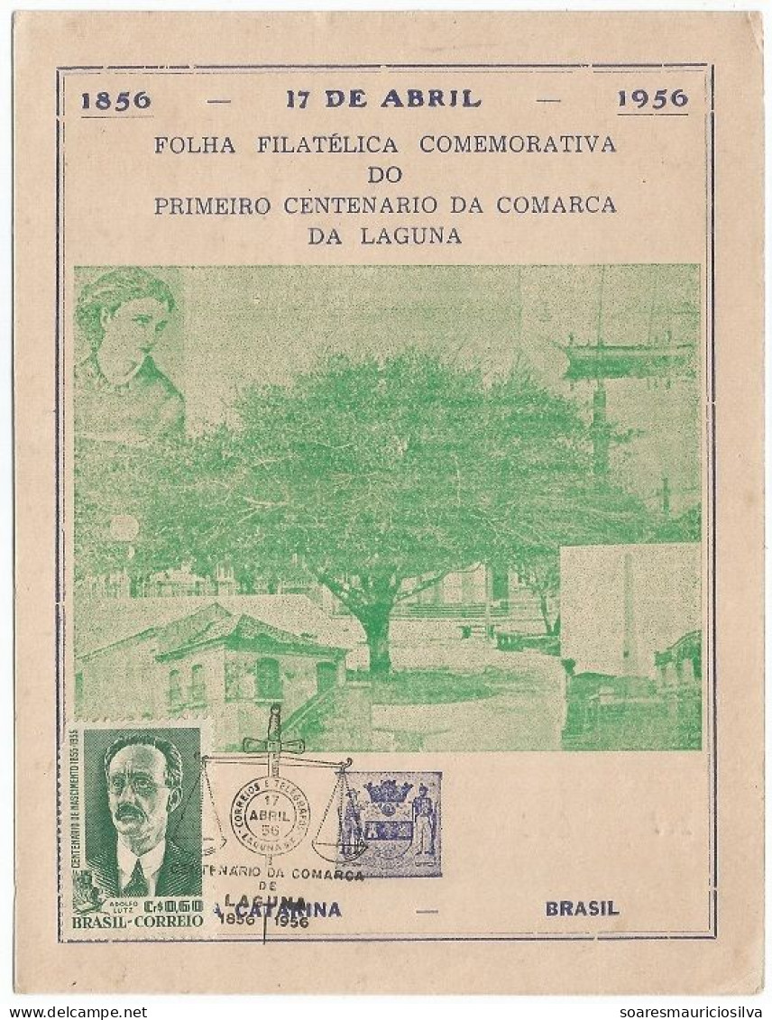 Brazil 1956 Souvenir Card + Cover Centenary Of The District Of Laguna Commemorative Cancel Sword And Scales Of Justice - Cartas & Documentos