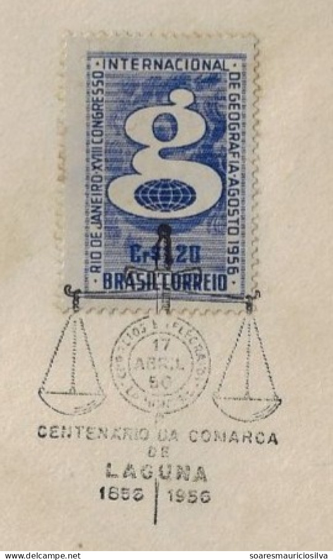 Brazil 1956 Souvenir Card + Cover Centenary Of The District Of Laguna Commemorative Cancel Sword And Scales Of Justice - Covers & Documents