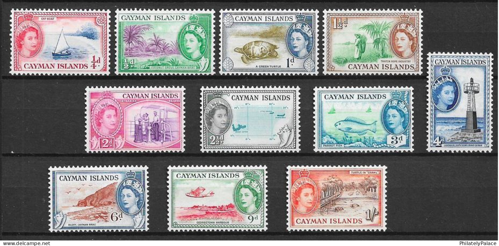 CAYMAN ISLANDS 1950 King George VI Pictorials, Bradbury Wilkinson Printings',Turtle,Boat,Map,Fish,Lighthouse,SET MNH(**) - Cayman Islands