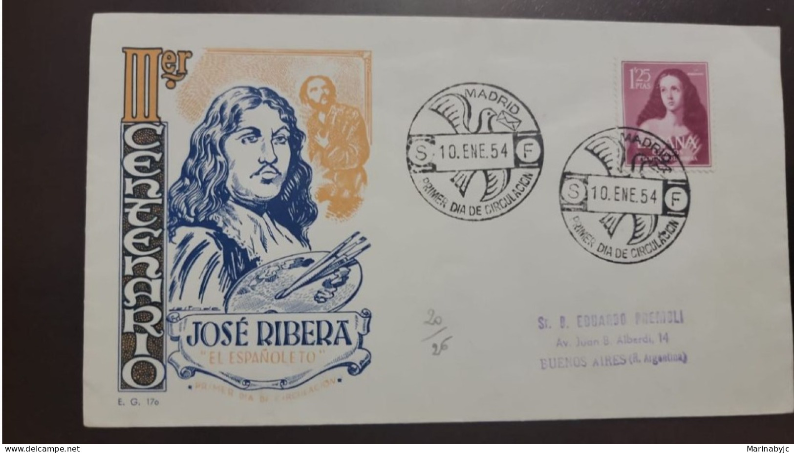 P) 1954 SPAIN, III CENTENARY JOSE RIBERA, CIRCULATED TO BUENOS AIRES ARG, FDC, XF - Sonstige & Ohne Zuordnung