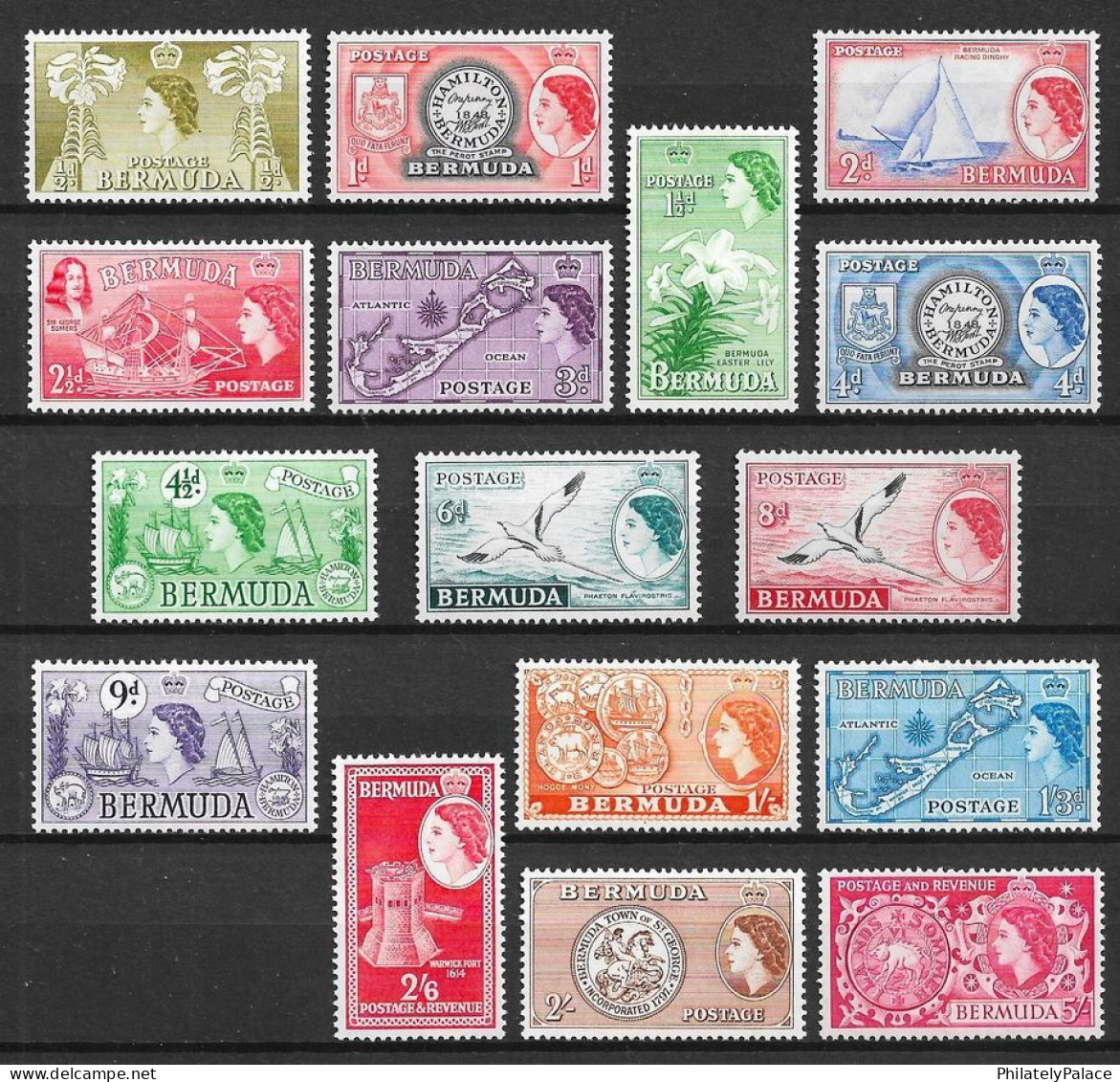 BERMUDA 1953-62 Queen Elizabeth II, Bradbury Wilkinson Printings,Flower,Boat,Map,Ship,Bird,Coin,Horse,Bore,MNH(**)RARE - Bermudes