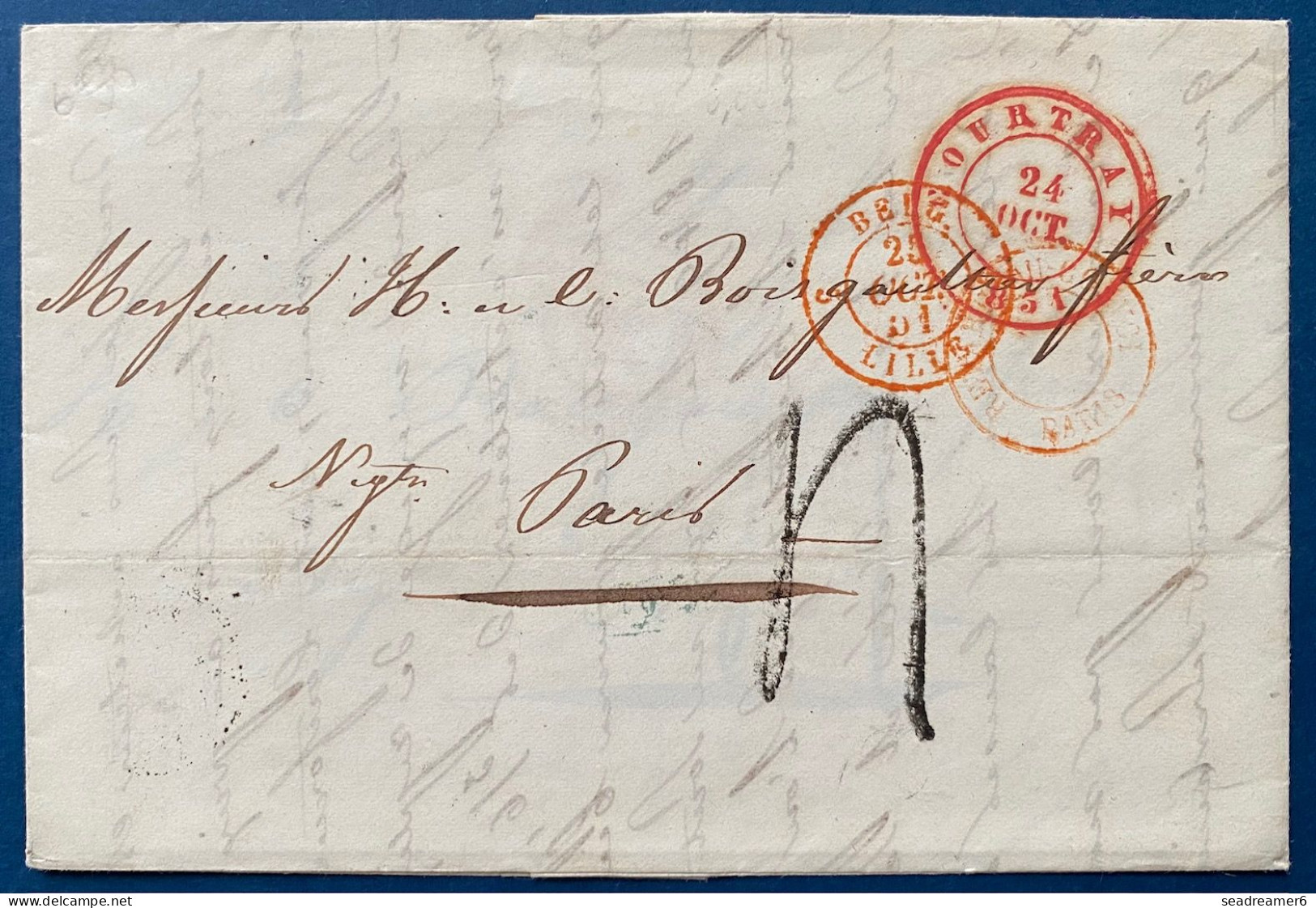 Lettre 1851 TOURNAI Pour PARIS Entrée Rouge " BELG./ LILLE " + RR Dateur En Rouge Au Recto ! " RETARD DU CONVOI/ PARIS " - Grenzübergangsstellen