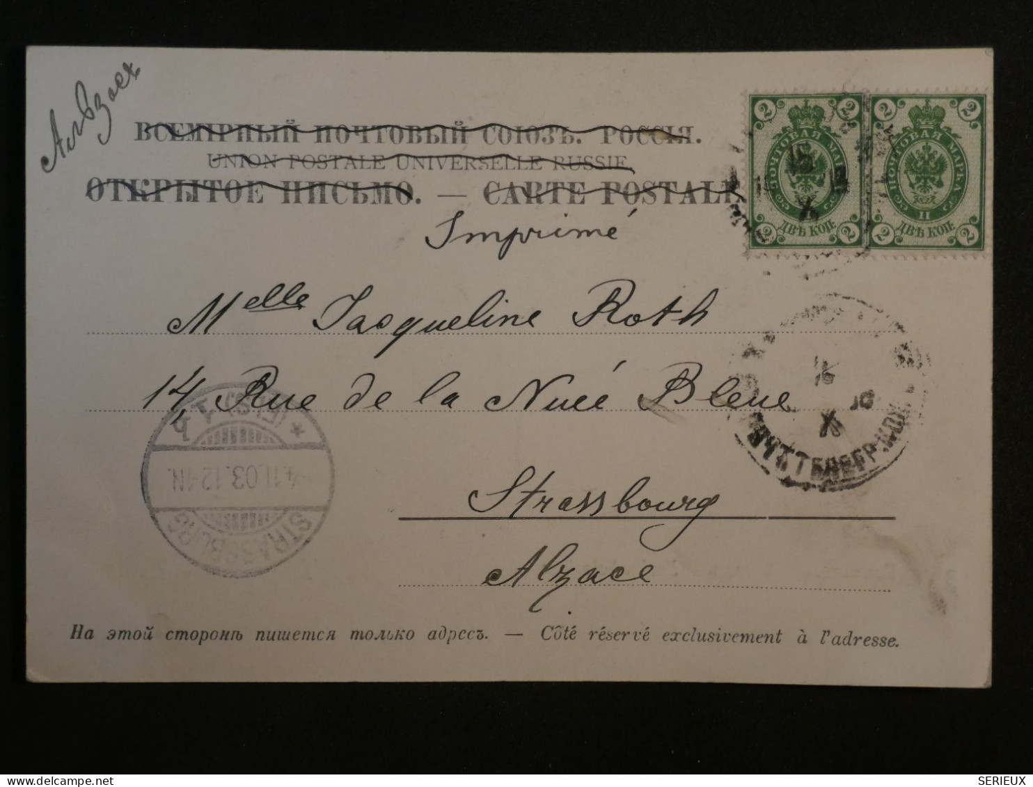 AK0 RUSSIE   BELLE CARTE  1903  FIFLIS ?  A STRASBOURG FRANCE + +AFF. INTERESSANT++ + - Covers & Documents