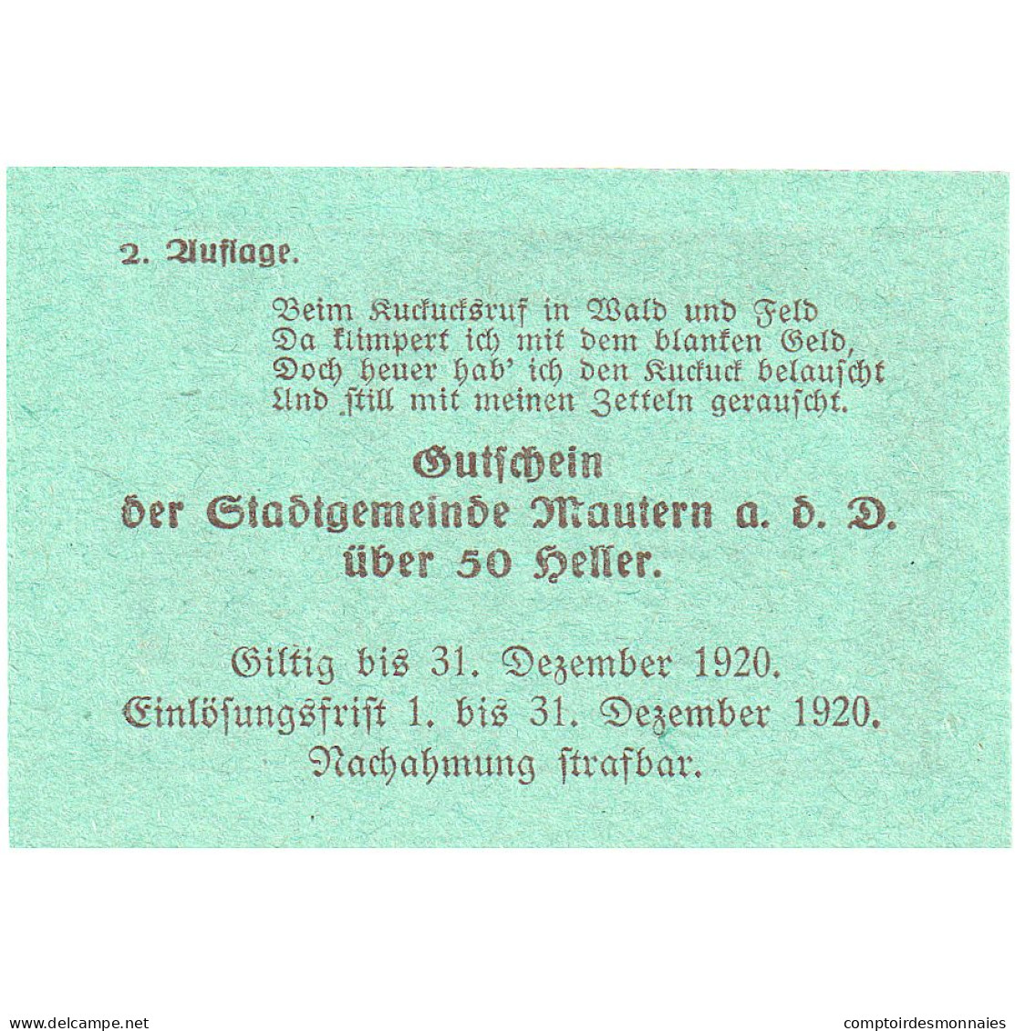 Autriche, Mautern, 50 Heller, Village, 1920, 1920-12-31, SPL, Mehl:FS 600IAa - Oesterreich