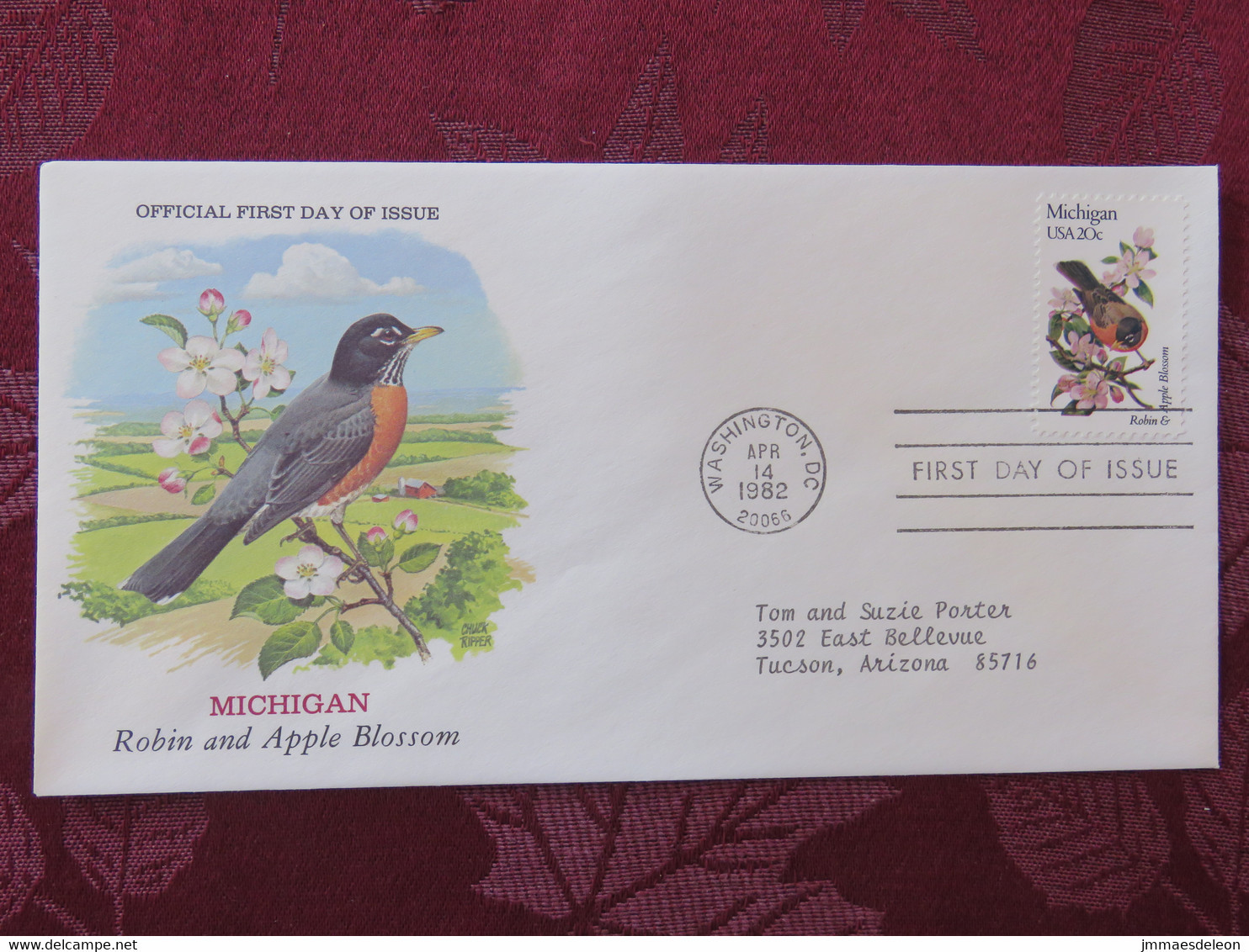USA 1982 FDC Cover State Bird And Flower - Michigan Robin Apple Blossom - Briefe U. Dokumente
