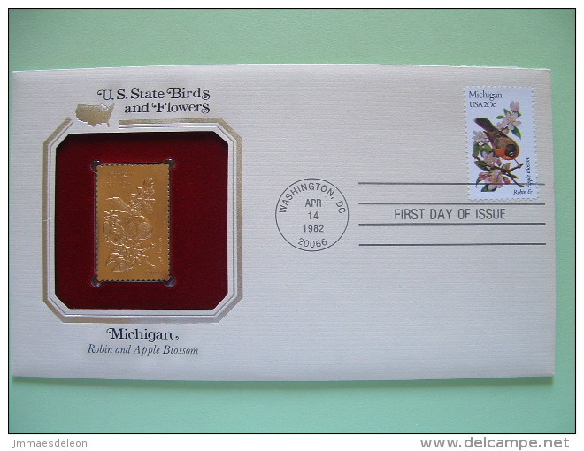 USA 1984 U.S. State Birds And Flowers - FDC Golden Replica - Michigan Robin Apple - Briefe U. Dokumente