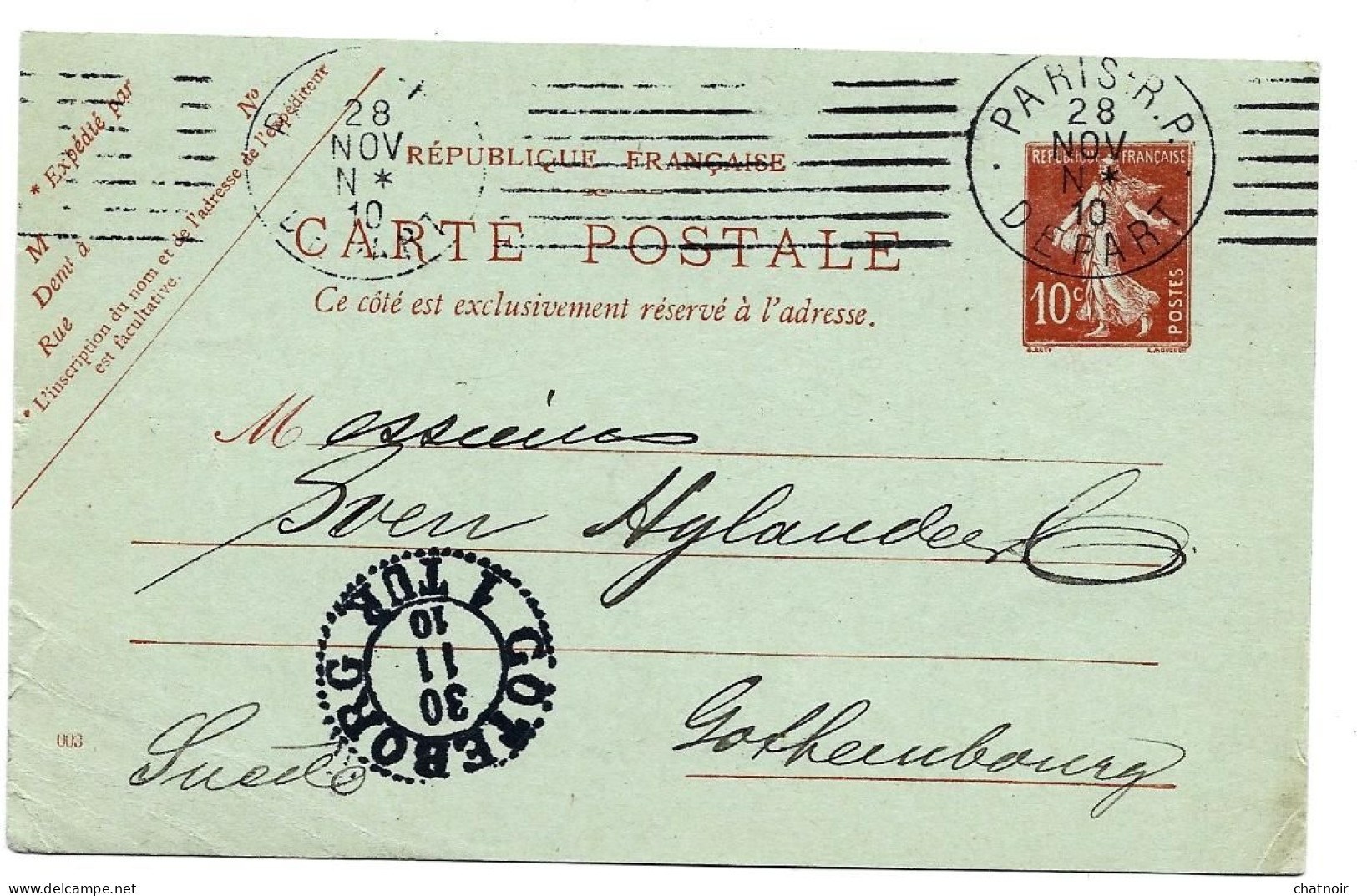 CP ENTIER  10c Semeuse  Oblit PARIS RP   DEPART 1910  Pour La SUEDE Arrivé   GOTERBORG - Cartes Postales Types Et TSC (avant 1995)