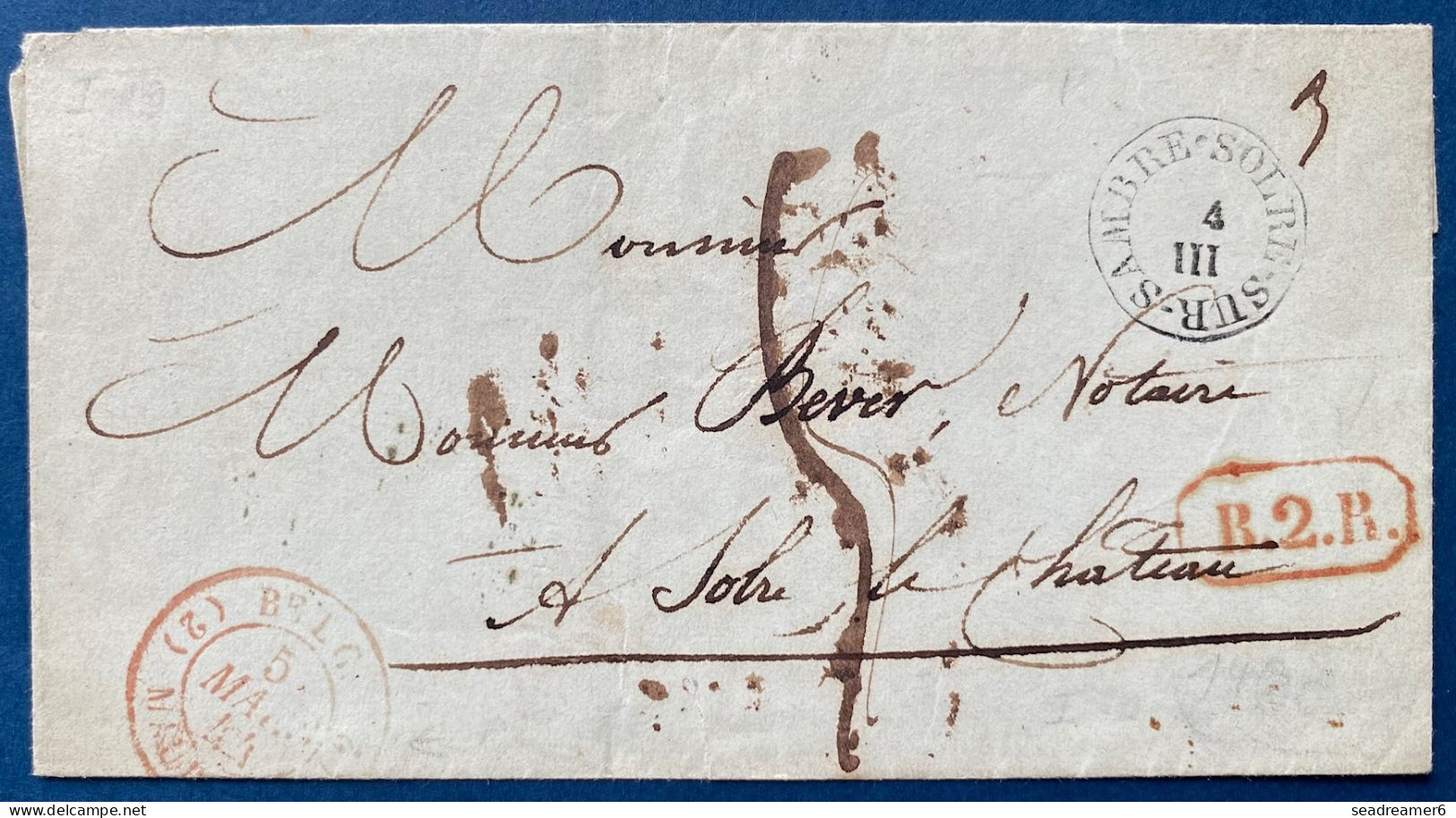 Lettre S Texte Dateur T18 " SOLRE SUR SAMBRE "(Ht Indice 19) + (B.2.R)  + Entrée " BELGIQUE / 2 MAUBEUGE 2 " + Taxe 5 - 1830-1849 (Belgique Indépendante)